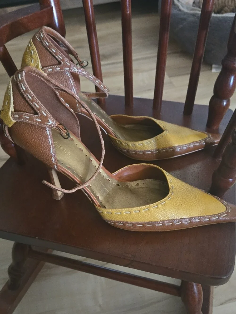BCBGirls Unique Leather Yellow and Brown Pointed Ankle-Strap Heels